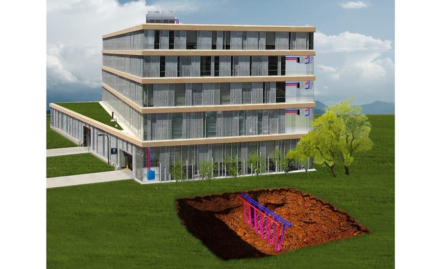 Graphic image of a four-story building with geothermal well field system